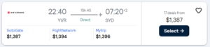 Cheap flight from Vancouver to Sydney